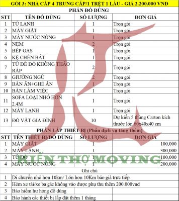 Báo giá chuyển nhà trọn gói 